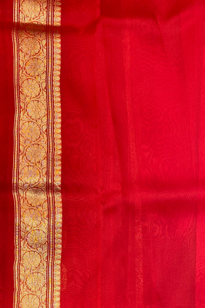 Red Kora Banarasi Silk Saree With Unstich Blouse Piece