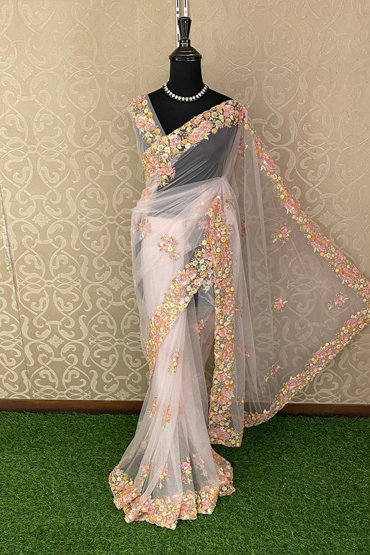 Baby Pink Net Party Wear Embroidered Saree With Blouse Piece