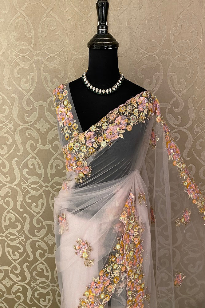 Baby Pink Net Party Wear Embroidered Saree With Blouse Piece