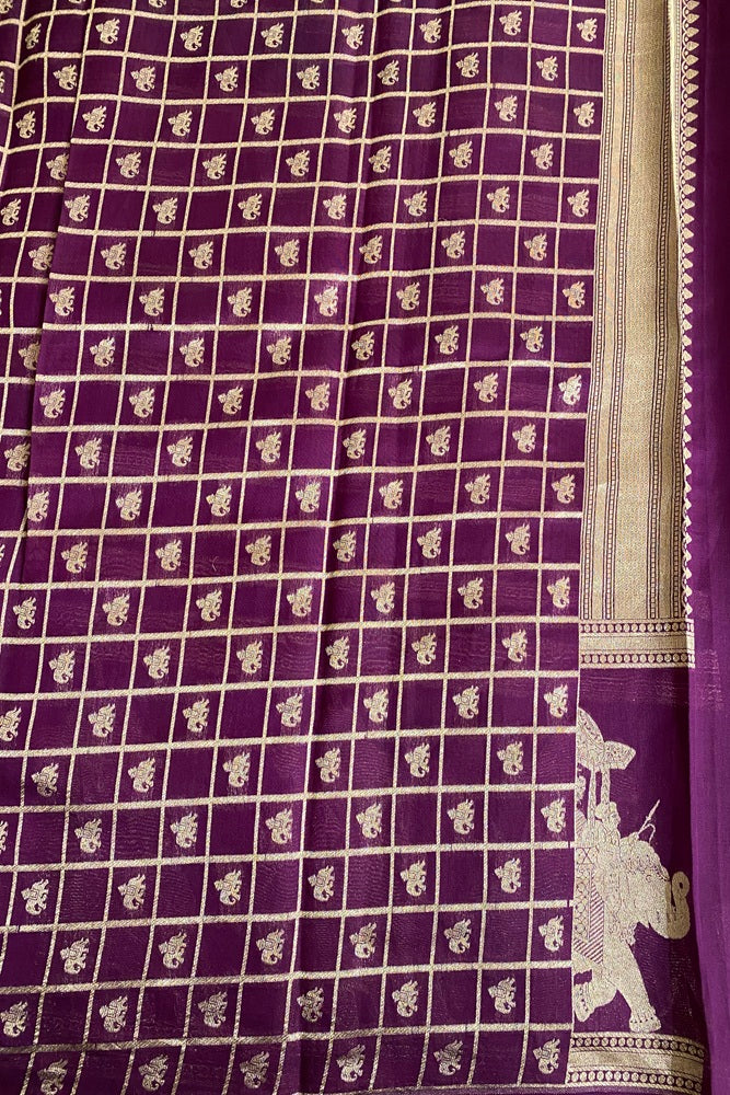 Violet Kora Mashru Silk Banarasi Kadwa Handloom Saree, With Unstich Blouse