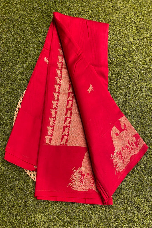 Red Mashru Silk Banarasi Kadwa Handloom Saree, With Unstich Blouse