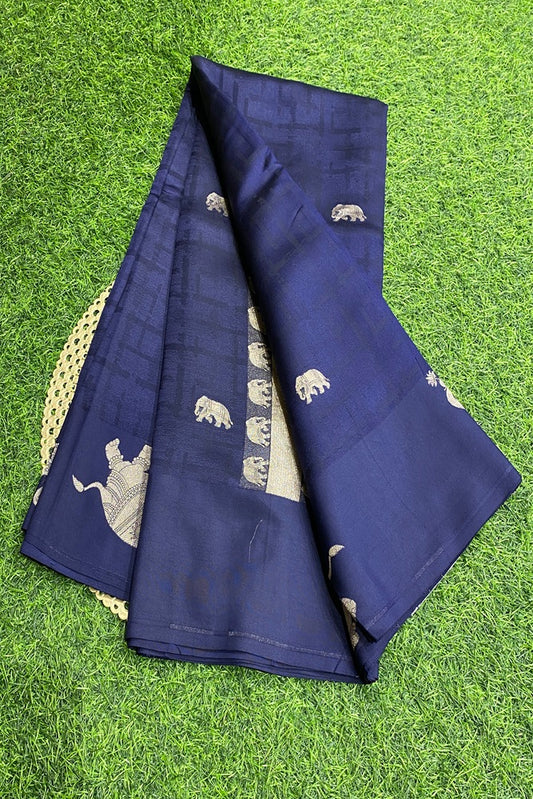 Deep Blue Mashru Silk Banarasi Kadwa Handloom Saree, With Unstich Blouse