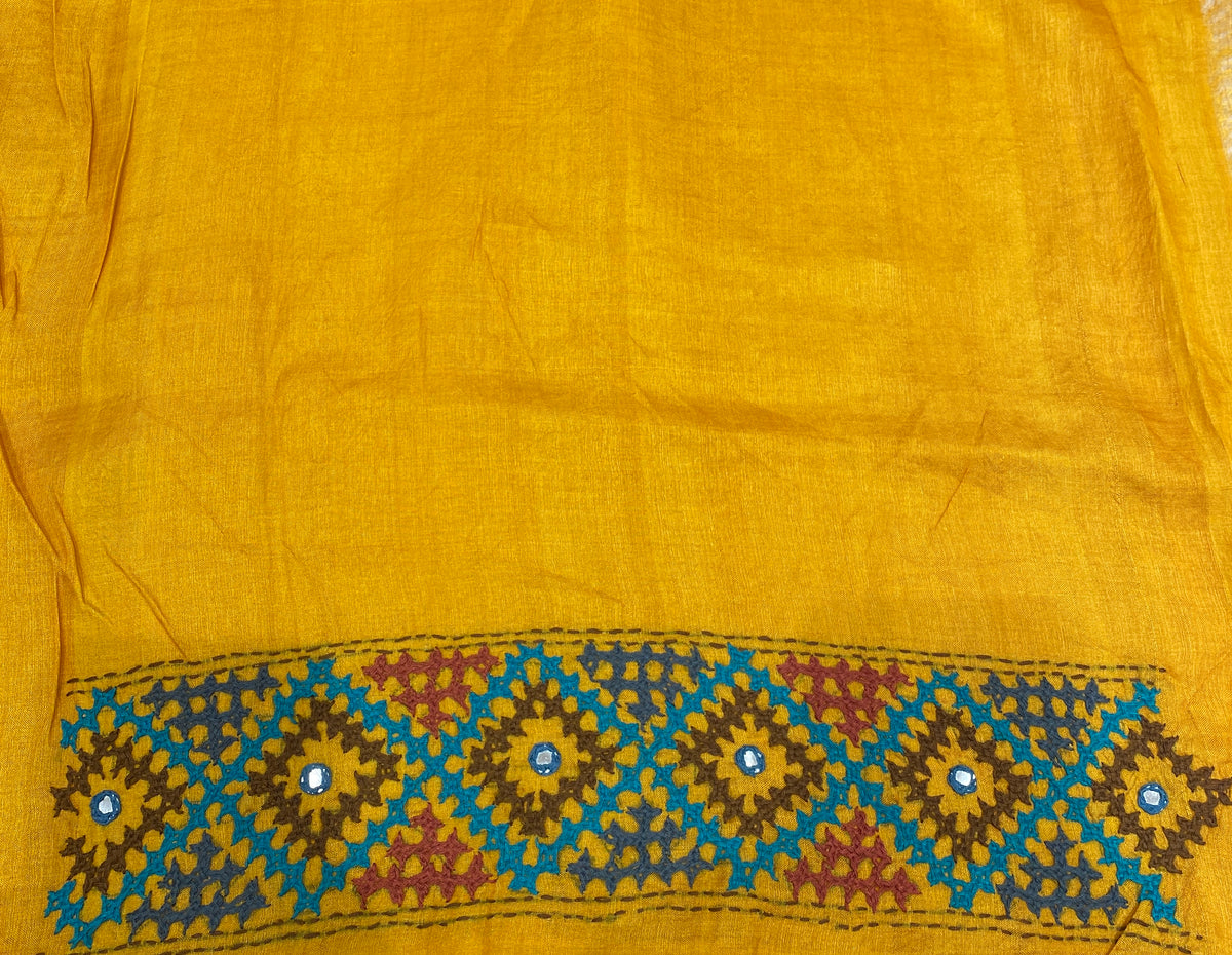 Mustard Yellow Tussar Hand Embroidery Saree, With Unstitched Blouse