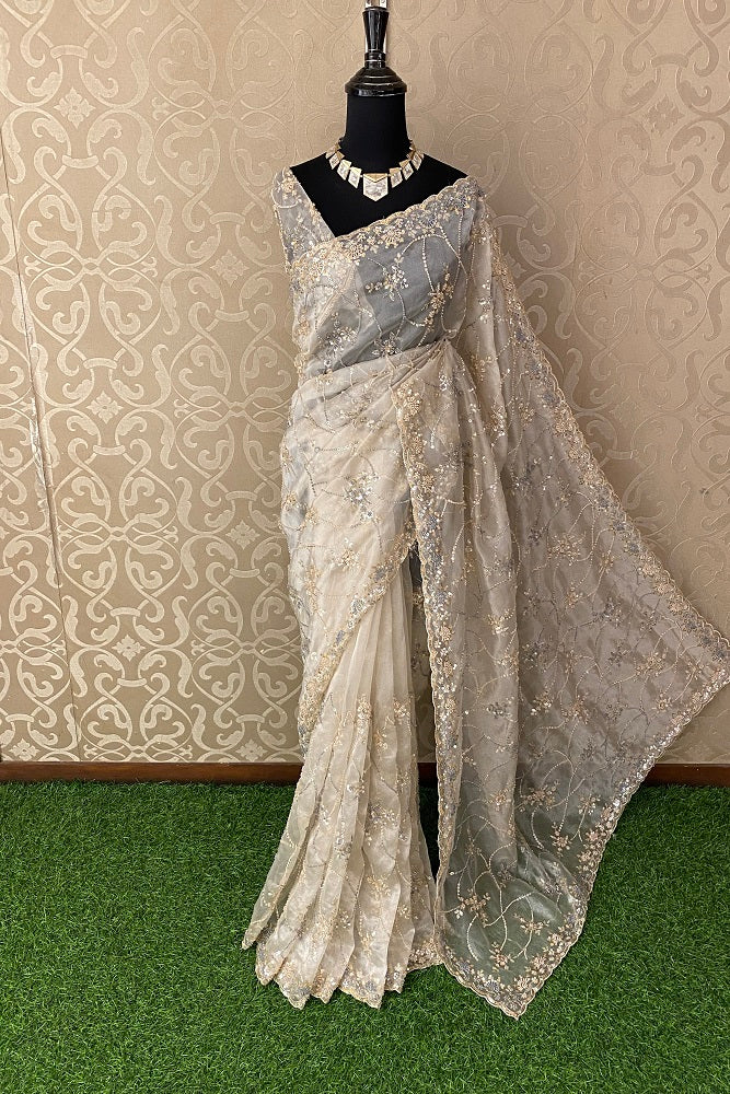 White Gold Tissue Embroidered Saree With Blouse Piece