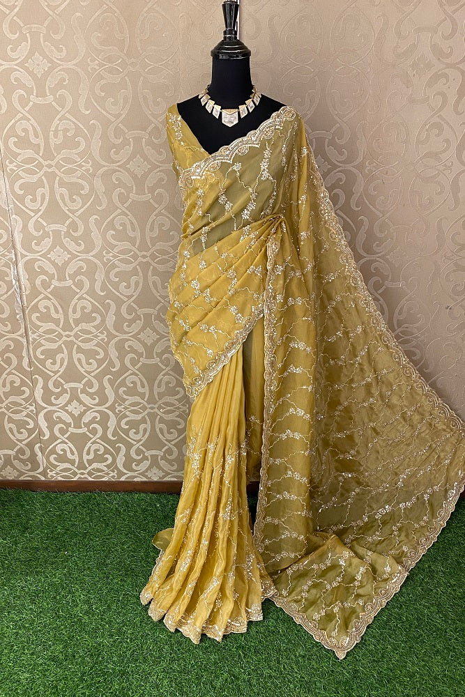 Yellow Tissue Embroidered Saree With Blouse Piece