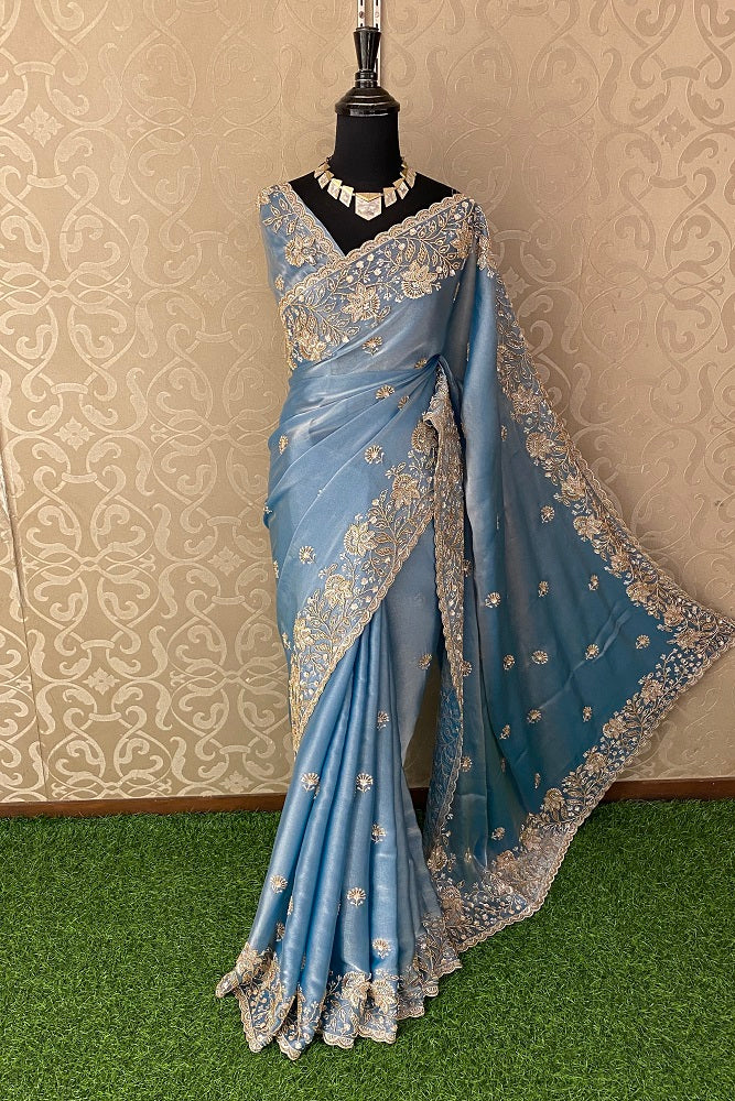 Powder Blue Tissue Embroidered Saree With Blouse Piece