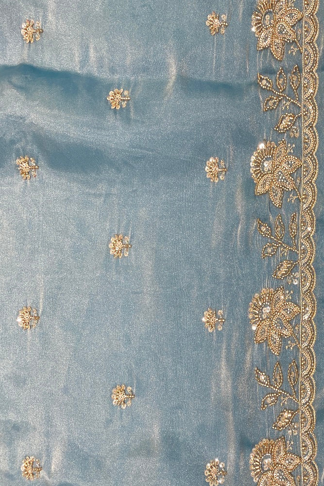 Powder Blue Tissue Embroidered Saree With Blouse Piece