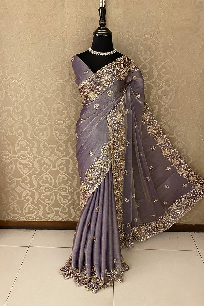 Mauve Tissue Embroidered Saree With Blouse Piece
