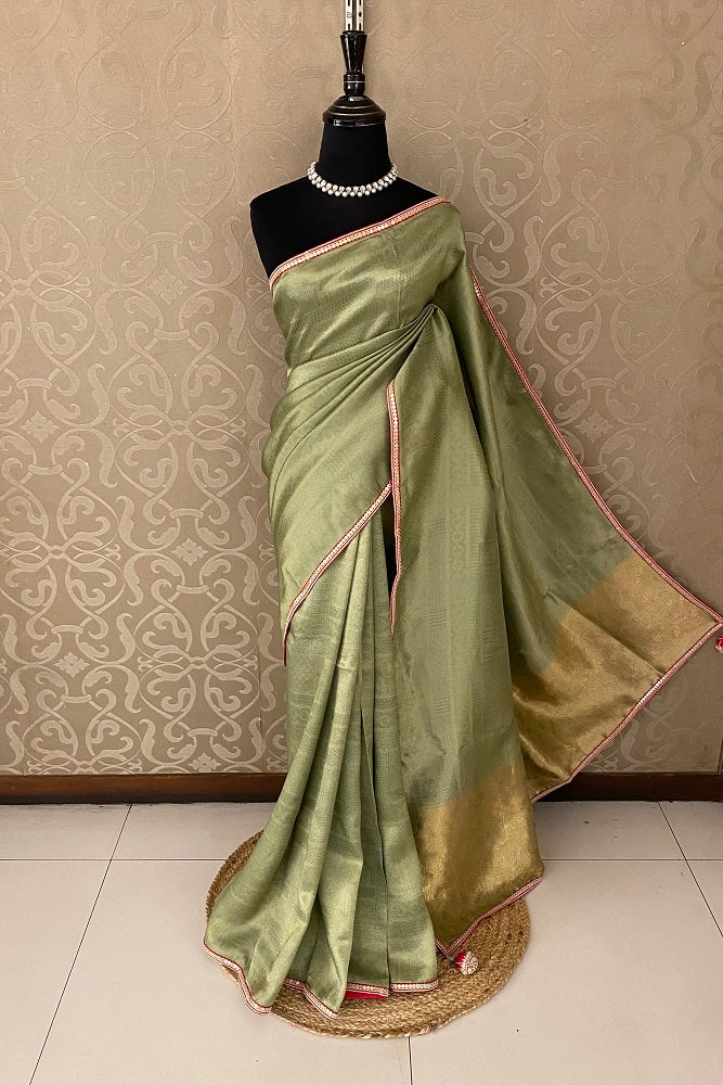 Olive Green Tissue Silk Saree Hand Embroidery With Readymade Blouse