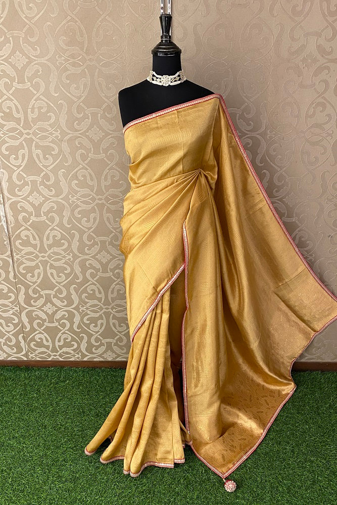 Mustard Yellow Tissue Silk Saree Hand Embroidery With Readymade Blouse