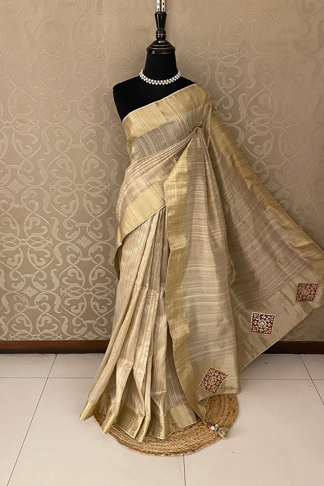 Offwhite Tissue Silk Saree Hand Embroidery With Readymade Blouse