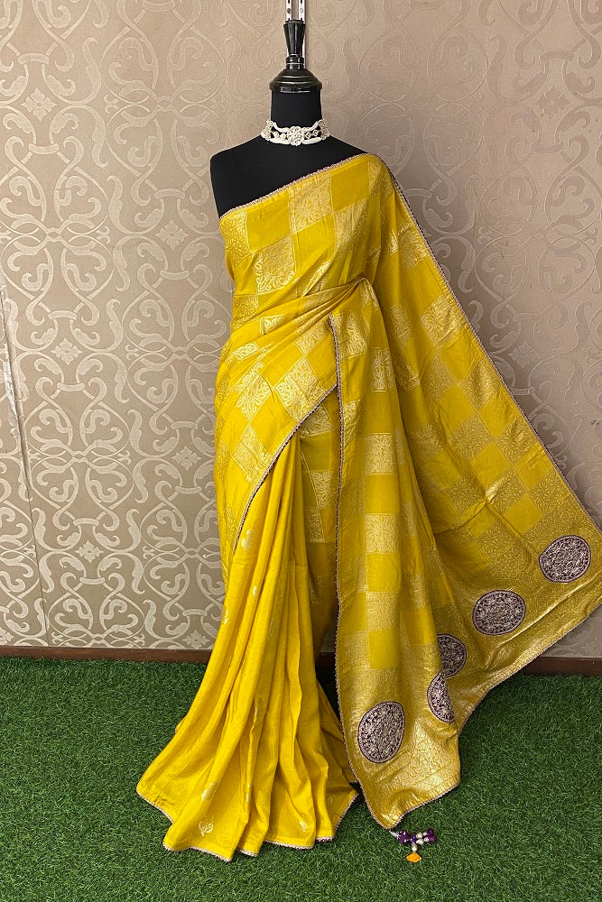 Bright Yellow Tissue Silk Saree Hand Embroidery With Readymade Blouse