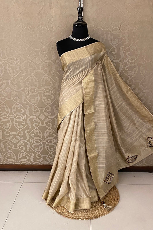 Offwhite Tissue Silk Saree Hand Embroidery With Readymade Blouse