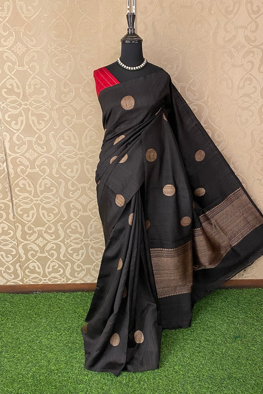 Black Pure Raw Tussar Banarasi Silk Saree With Zari Work, With Unstich Blouse