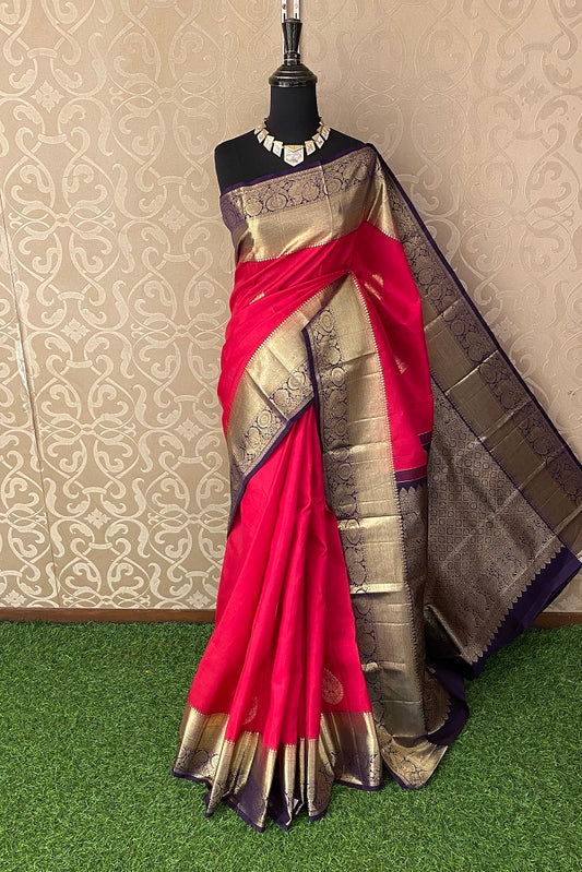 Magenta pure Kanjeevaram silk saree with traditional design and unstiched blouse, from Saarang Sarees.