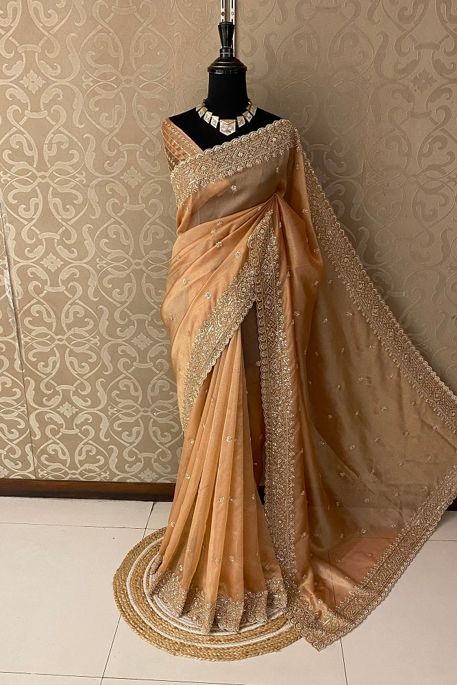 COPPER GOLD TISSUE SILK EMBROIDERY SAREE WITH BLOUSE