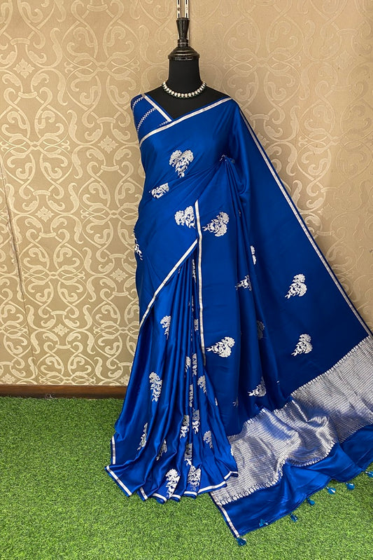 Cobalt Blue Mashru Silk Banarasi Kadwa Handloom Saree, With Unstich Blouse