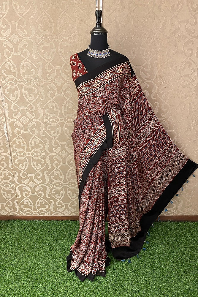 Red Pure Modal Silk Ajrakh Printed Saree With Blouse