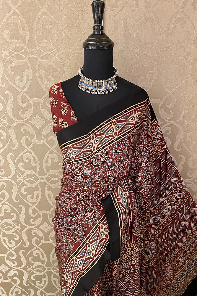 Red Pure Modal Silk Ajrakh Printed Saree With Blouse