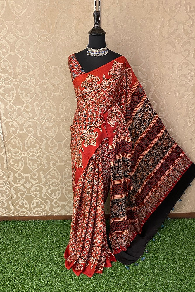 Red Pure Modal Silk Ajrakh Printed Saree With Blouse