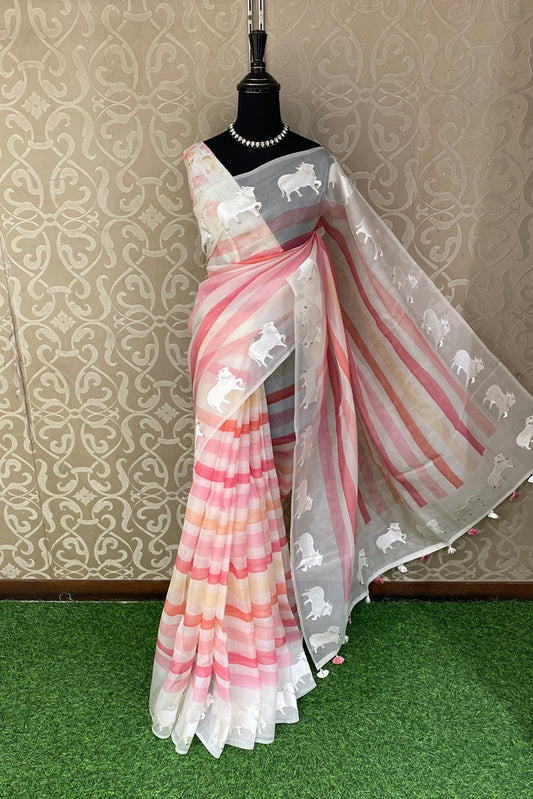 Multi Stripe Organza Resham Embroidery Party Wear Saree, With Unstich Blouse