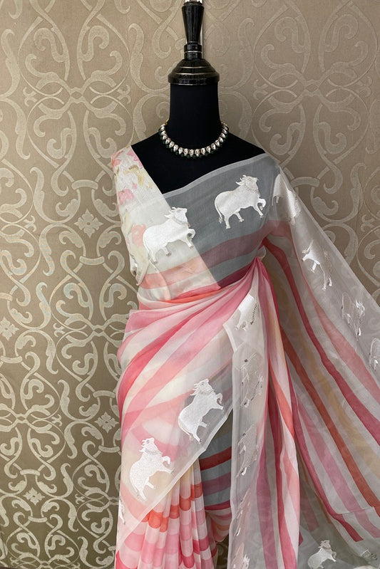 Multi Stripe Organza Resham Embroidery Party Wear Saree, With Unstich Blouse
