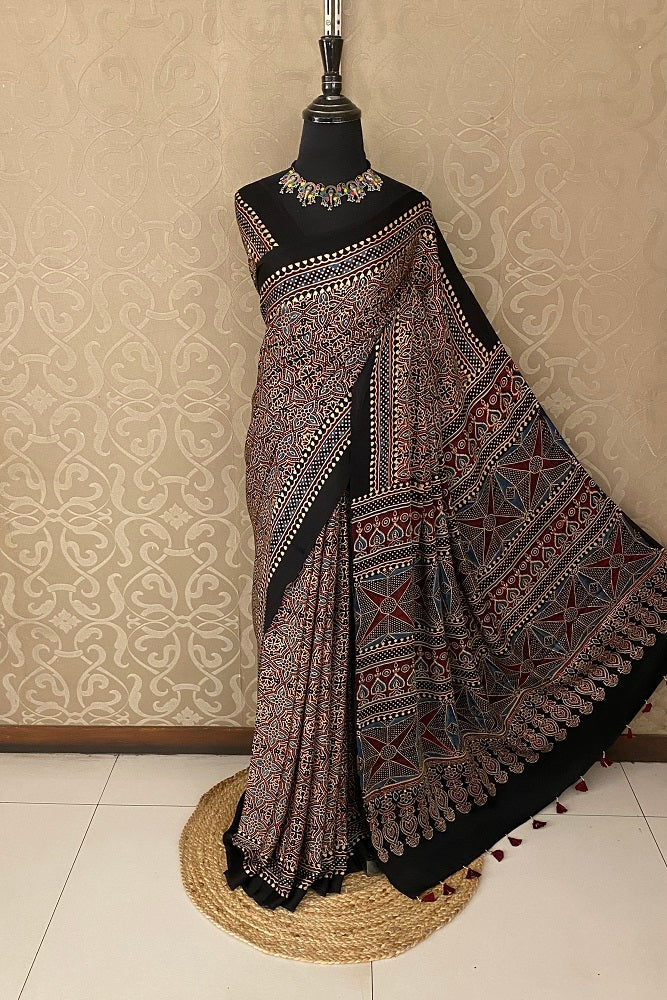 Black Pure Modal Silk Ajrakh Printed Saree With Blouse