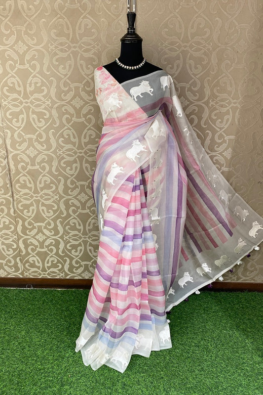 Multi Stripe Organza Resham Embroidery Party Wear Saree, With Unstich Blouse
