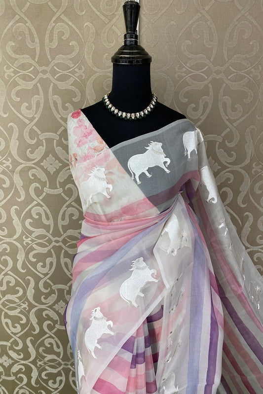 Multi Stripe Organza Resham Embroidery Party Wear Saree, With Unstich Blouse