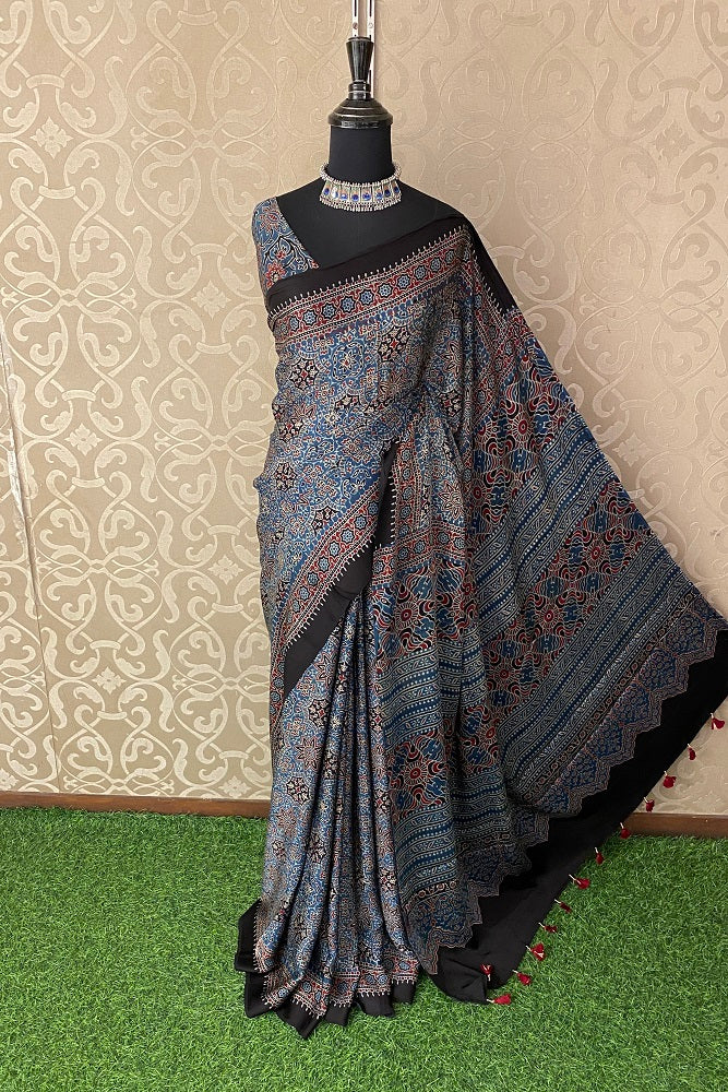 Grey Blue Pure Modal Silk Ajrakh Printed Saree With Blouse
