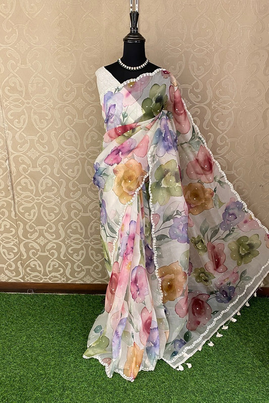 Multi Floral Print Organza Embroidery Party Wear Saree, With Unstich Blouse