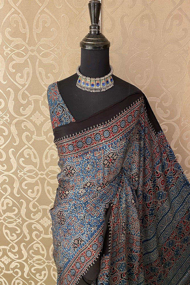 Grey Blue Pure Modal Silk Ajrakh Printed Saree With Blouse