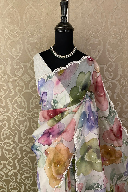 Multi Floral Print Organza Embroidery Party Wear Saree, With Unstich Blouse