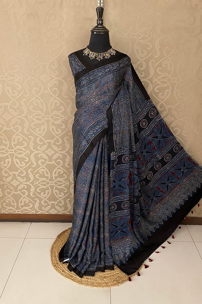 Grey Blue Pure Modal Silk Ajrakh Printed Saree With Blouse