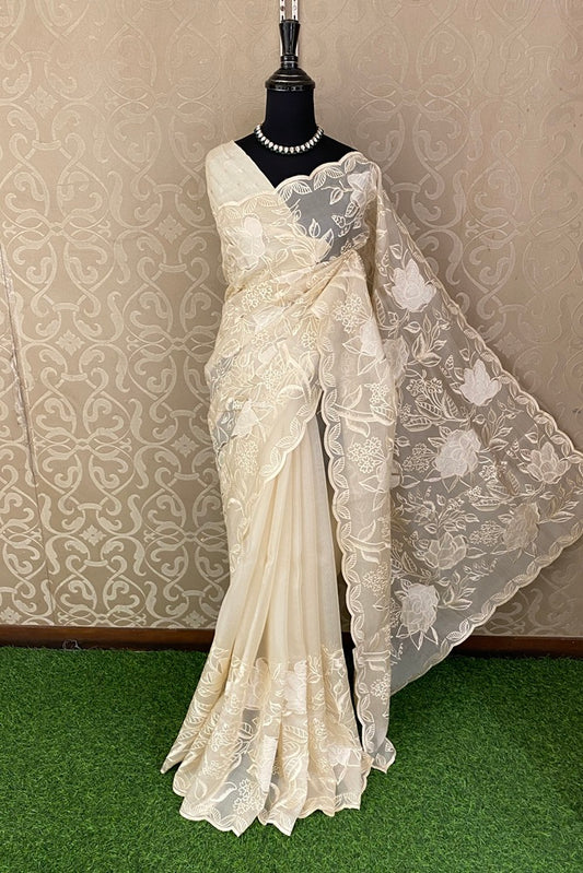 Offwhite Organza Silk Applique Work Party Wear Saree, With Unstich Blouse