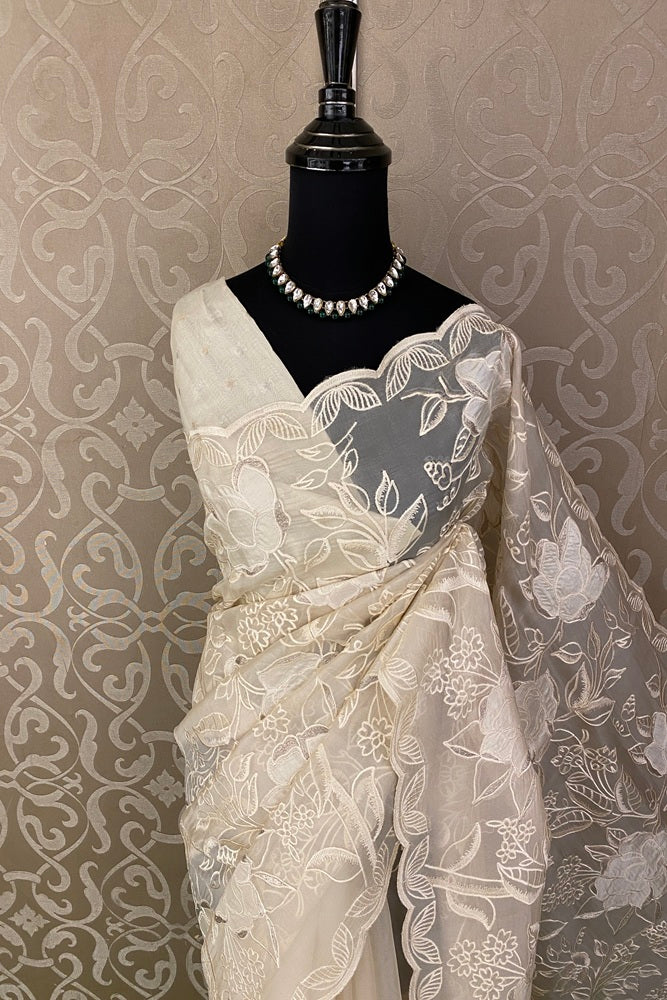 Offwhite Organza Silk Applique Work Party Wear Saree, With Unstich Blouse