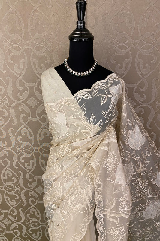 Offwhite Organza Silk Applique Work Party Wear Saree, With Unstich Blouse