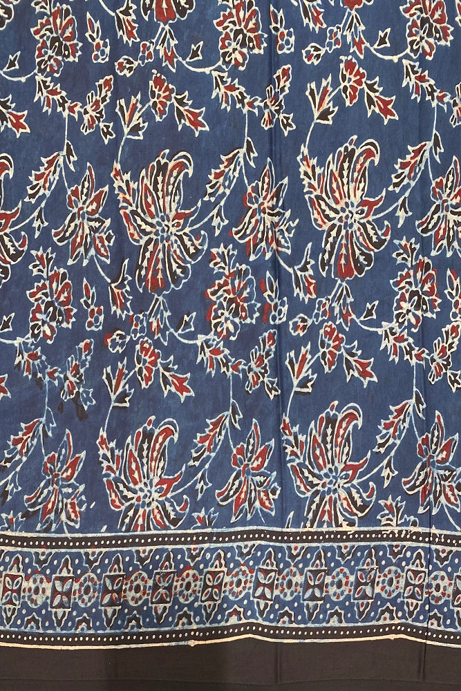 Grey Blue Pure Modal Silk Ajrakh Printed Saree With Blouse