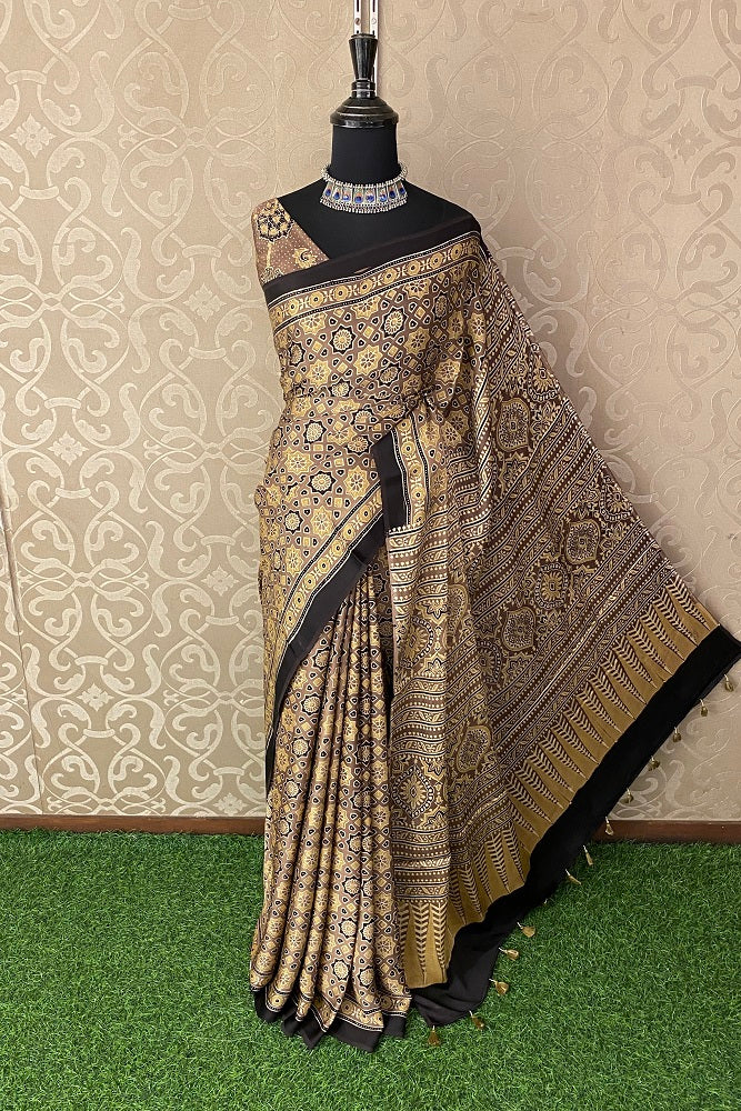 Light Brown Pure Modal Silk Ajrakh Printed Saree With Blouse