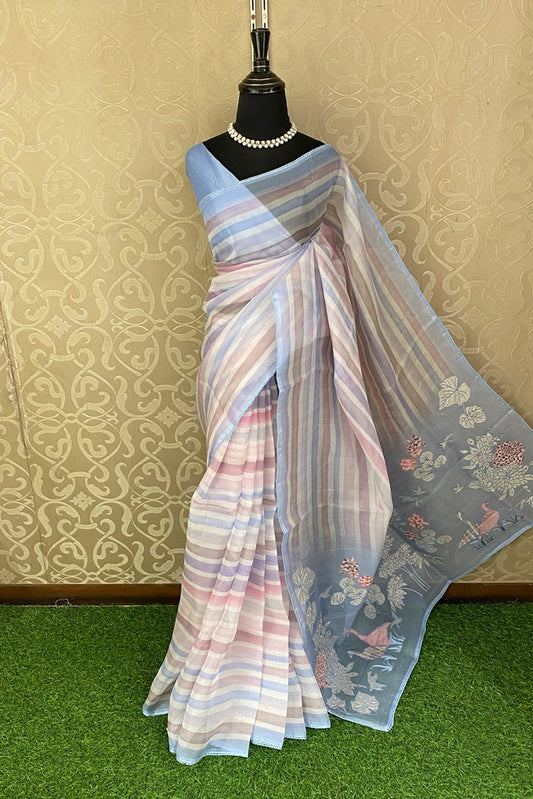 Multi Stripe Organza Silk Applique Work Party Wear Saree, With Unstich Blouse