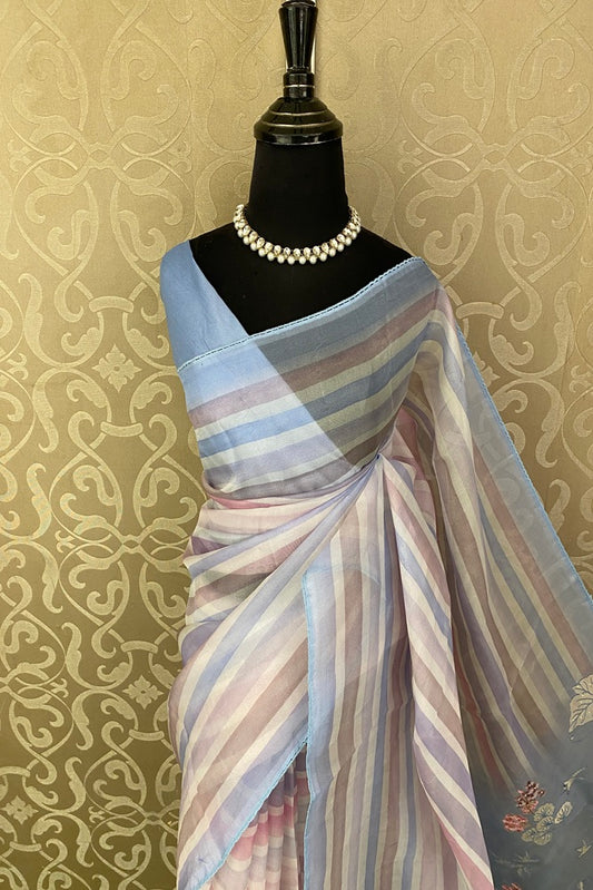 Multi Stripe Organza Silk Applique Work Party Wear Saree, With Unstich Blouse