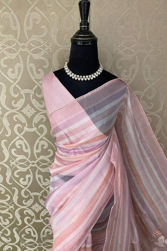 Multi Stripe Organza Silk Applique Work Party Wear Saree, With Unstich Blouse