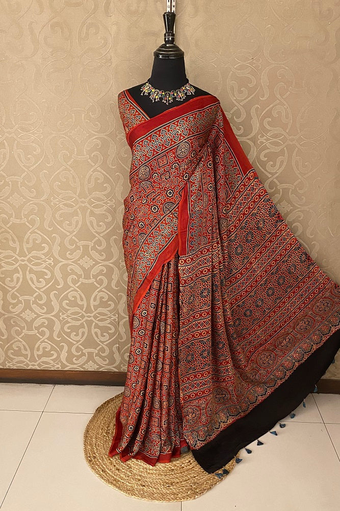 Red Pure Modal Silk Ajrakh Printed Saree With Blouse