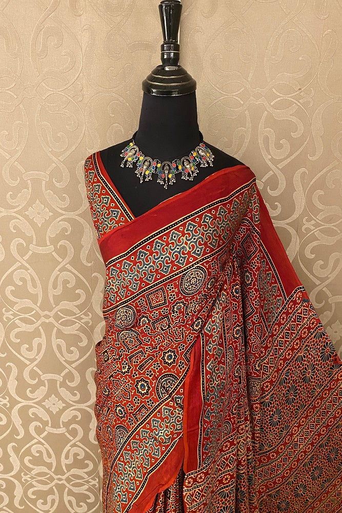 Red Pure Modal Silk Ajrakh Printed Saree With Blouse