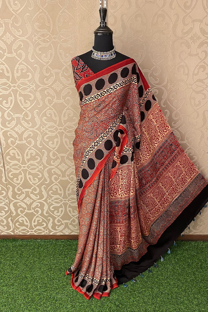 Red Pure Modal Silk Ajrakh Printed Saree With Blouse
