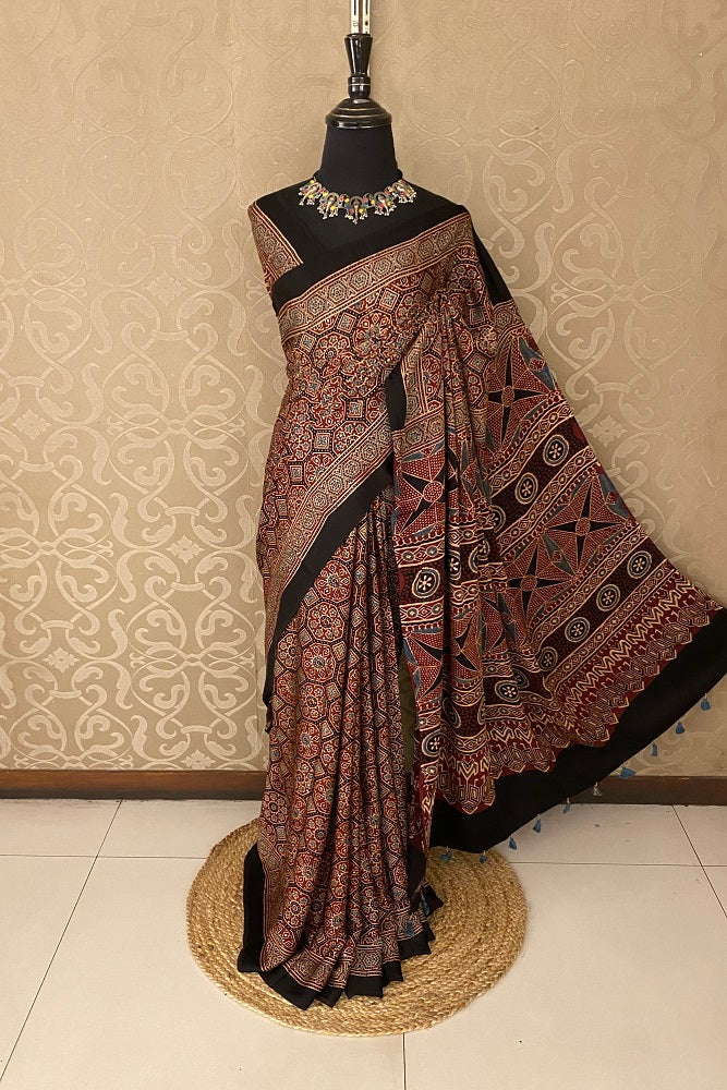Maroon Pure Modal Silk Ajrakh Printed Saree With Blouse