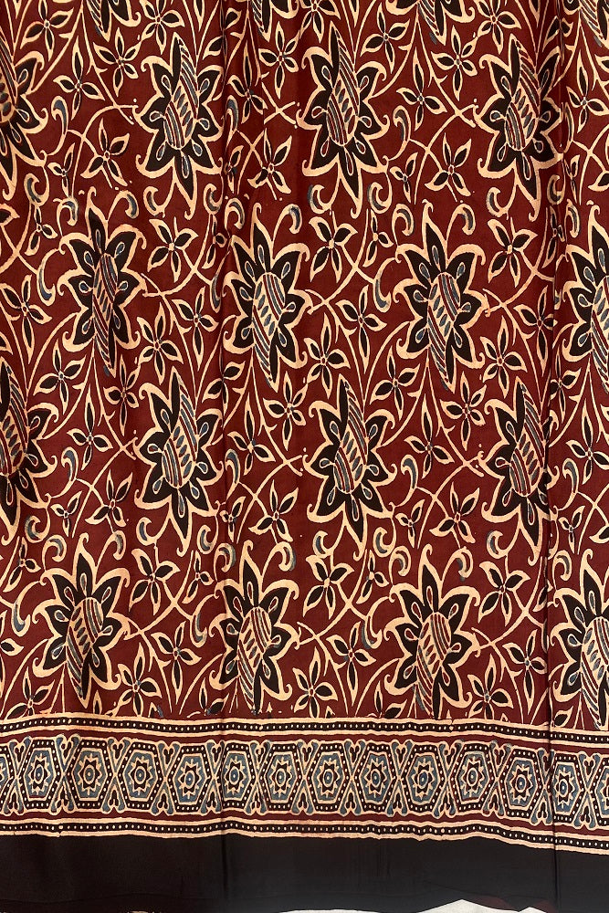 Maroon Pure Modal Silk Ajrakh Printed Saree With Blouse