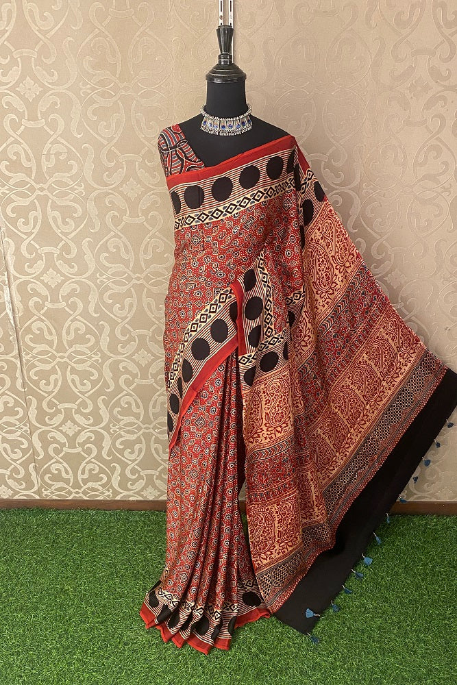 Red Pure Modal Silk Ajrakh Printed Saree With Blouse