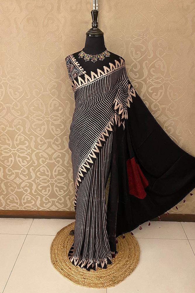 Black Pure Modal Silk Ajrakh Printed Saree With Blouse