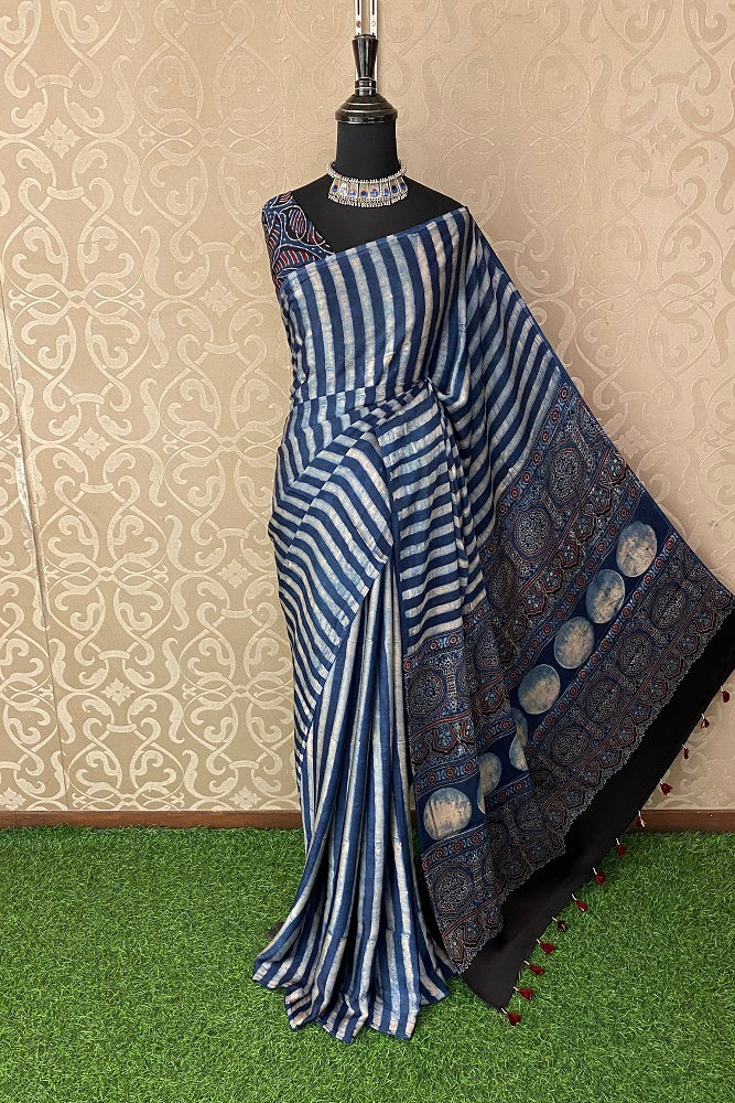 Grey Blue Pure Modal Silk Ajrakh Printed Saree With Blouse
